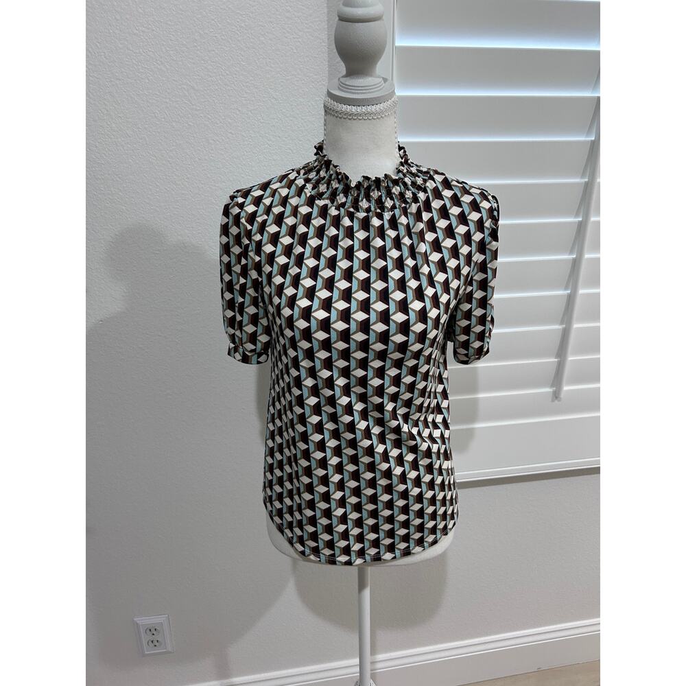 Faith & Joy Geometric Ruffled Top – Blue & Black – Women’s Size S